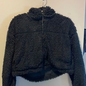 BDG Hooded Cropped Teddy Jacket in Black